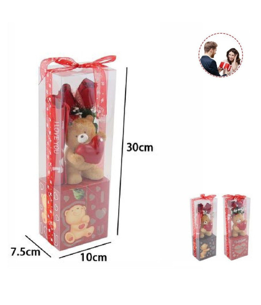 Orsetto Con Cuore Fiori Confezione Regalo Per San Valentino 10x7.5x30 Cm 63303         