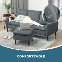 Divano 3 Posti Angolare con Chaise Longue Reversibile, in Tessuto Effetto Velluto, 196x140x88 cm, Grigio Carbone