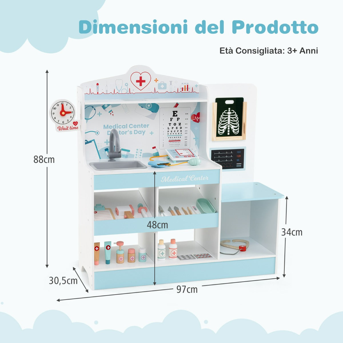 Ospedale finto centro medico per bambini con orologio tabella oculistica, Set da gioco dottore in legno monitor ECG Blu-Cucine giocattoli