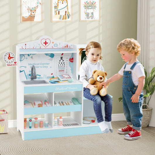 Ospedale finto centro medico per bambini con orologio tabella oculistica, Set da gioco dottore in legno monitor ECG Blu-Cucine giocattoli