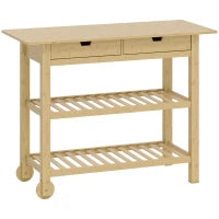 Carrello Cucina in Legno di Bambù con 2 Cassetti, 2 Ripiani a Doghe e 2 Rotelle, 100x43x75 cm, Legno