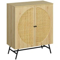 Credenza in Stile Boho con 2 Ante in Legno e Rattan, 80x39x101.8cm Naturale