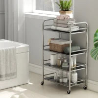 Carrello Multiuso a 4 Livelli con 2 Ripiani Regolabili e Bordi Rialzati, in Acciaio Inox, 60x35x100 cm
