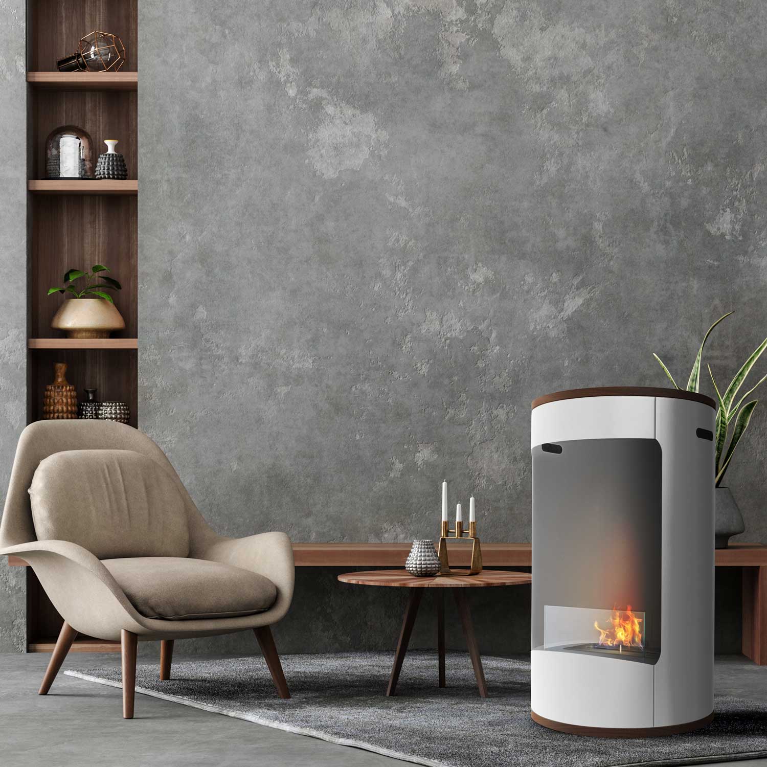 Ottaviano - Camino a bioetanolo da terra freestanding con doppio ripiano in legno melaminico, ø 40xH67,5 cm colore bianco