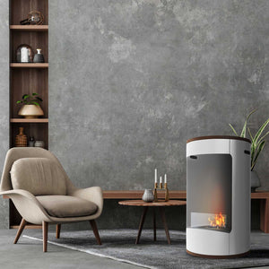 Ottaviano - Camino a bioetanolo da terra freestanding con doppio ripiano in legno melaminico, ø 40xH67,5 cm colore bianco