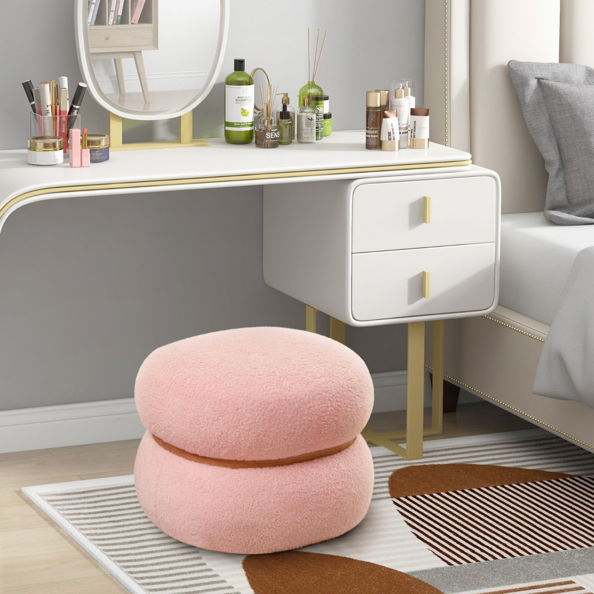 Ottomano ovale da 35cm con seduta imbottita e anello di legno piedini antiscivolo, Poggiapiedi con portata di 150kg Rosa-Sgabelli