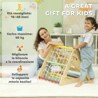 Gioco Arrampicata Bambini con Triangolo Montessori 5 in 1 con Corda, Scivolo e Sacchi, in Legno, 119x63x61 cm