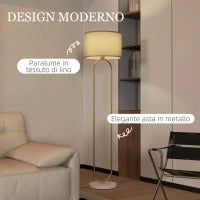 Lampada da Terra Moderna con Paralume in Tessuto, Doppio Tubo Metallico e Interruttore a Pedale, Oro