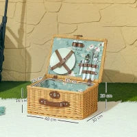 Cestino da Picnic in Vimini per 2 Persone con Piatti, Calici, Cavatappi e Posate, 40x30x20 cm, Marrone