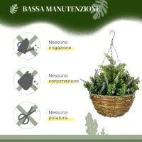 Set 2 Piante Finte di Lavanda con Vaso e Gancio, in PE e Vimini, Ø25x34 cm, Verde e Viola