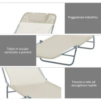 Set 2 Lettini Prendisole Pieghevoli con Schienale Reclinabile a 4 Livelli, Metallo e Tessuto a Rete, Beige