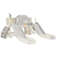 8-in-1 Scivolo per Bambini, Gioco da Arrampicata Multifunzionale con 2 Scivoli, Scala da Arrampicata, Canestro da Basket, Gioco del Lazo, Binocolo, Armadietti, 200×165×95 cm,Grigio antico bianco