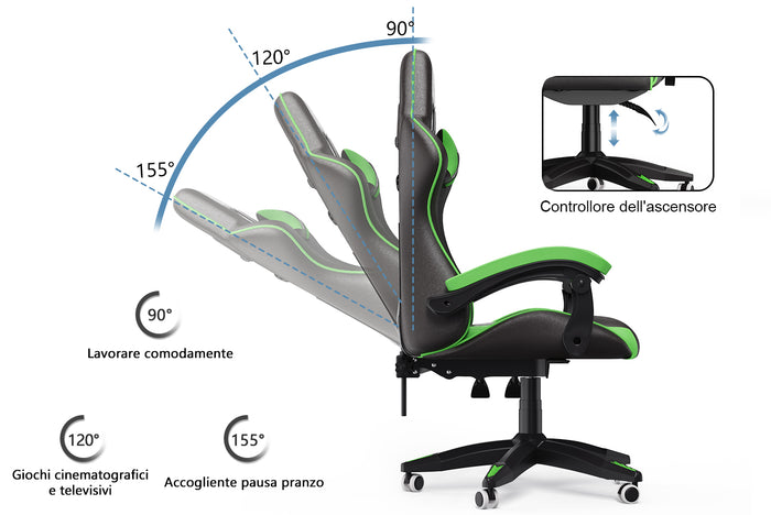 Sedia gaming ergonomica - RATTANTREE - con Supporto Lombare Sedia da Gioco in Pelle Pu con Altezza Regolabile - Vert