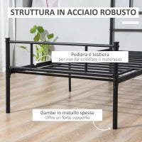 Struttura Letto Singolo in Acciaio 90x200cm con Doghe, Testiera e Pediera, Nero