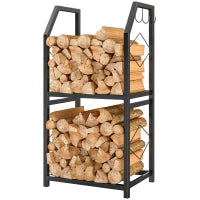 Portalegna da Esterno e Interno a 2 Livelli con 3 Ganci Laterali in Acciaio, 41x30x81 cm, Nero