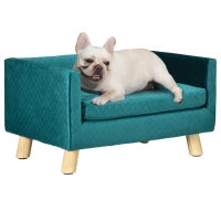 Divanetto per Cani e Gatti Stile Scandinavo con Cuscino Imbottito in Velluto e Legno, 64x45x36cm, Blu