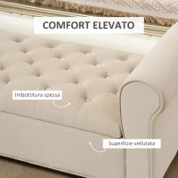 Panca Fondo Letto in Tessuto Vellutato con Spazio Portaoggetti e Braccioli, 126x48.5x57 cm, Beige