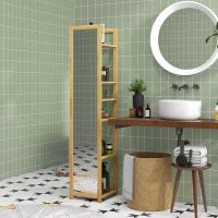 Scaffale da Bagno con Specchio e 6 Ripiani a Doghe in Bambù, 35x35x168cm, Colore Legno