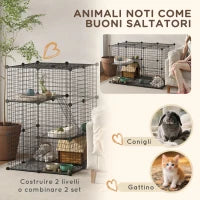 Gabbia Modulare per Conigli e Porcellini d'India Multilivello con 3 Porte e Fili d'Acciaio, Nero