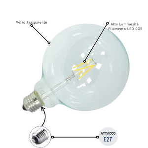 Optonica lampadina a filamento led attacco e27 g125 300° ac175-265v *** temperatura colore lampada 2700k bianco cald...