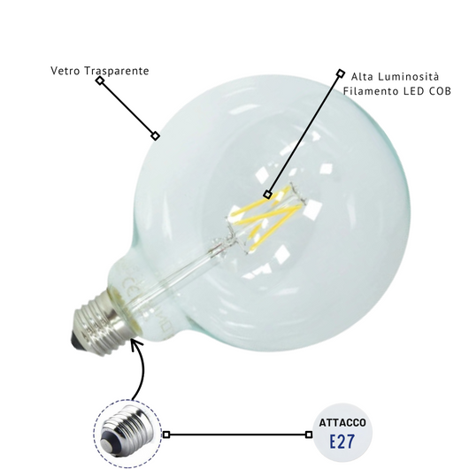 Optonica lampadina a filamento led attacco e27 g125 300° ac175-265v *** temperatura colore lampada 2700k bianco cald...