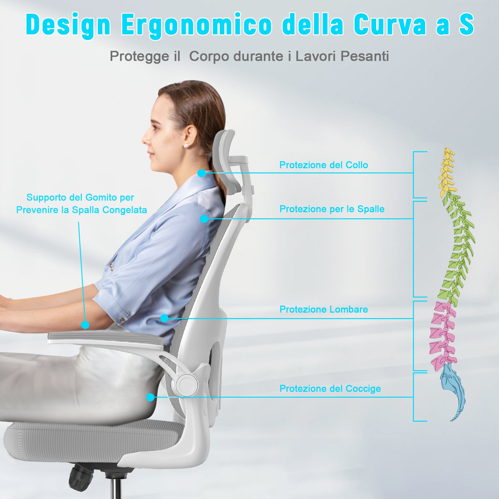 Sedia ufficio ergonomica - RATTANTREE  - Sedie da scrivania con Supporto Lombare e Poggiatesta Regolabile - Grigio