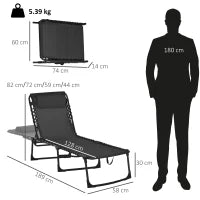 Lettino Prendisole in Acciaio e Tessuto Traspirante con Schienale Reclinabile, 189x58x30 cm, Nero