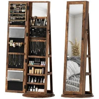 Specchio Portagioie da Terra Girevole a 360° con Ripiani e Chiusura a Chiave, 55x55x161 cm, Marrone Rustico