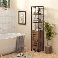 kleankin Mobile Colonna Bagno con 3 Ripiani Aperti, Porta a Doghe, Ripiani Regolabili, Stile Industriale, Marrone Rustico