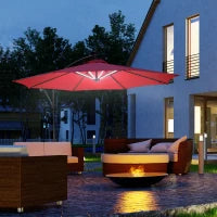 Ombrellone da Giardino a Braccio Ø3x2.4  m con Manovella e 8 Strisce LED a Energia Solare, Rosso scuro