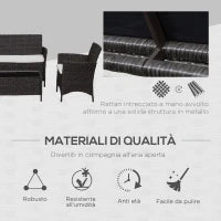 Salottino da giardino esterno Set 4 Pzi:1 Divano/2 Poltrone/1 Tavolino, Set da Giardino in Rattan,  Caffè Scuro e Bianco