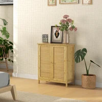 Credenza Stile Boho in Rattan e Bambù con 2 Ante e Mensola Interna, 60x27x67.5cm, Colore Legno