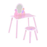 Toeletta per Bambini con Sgabello in Legno, Tavolo Trucco con Specchio Moderno e Cassetto, 59L x 39P x 77A cm, Rosa