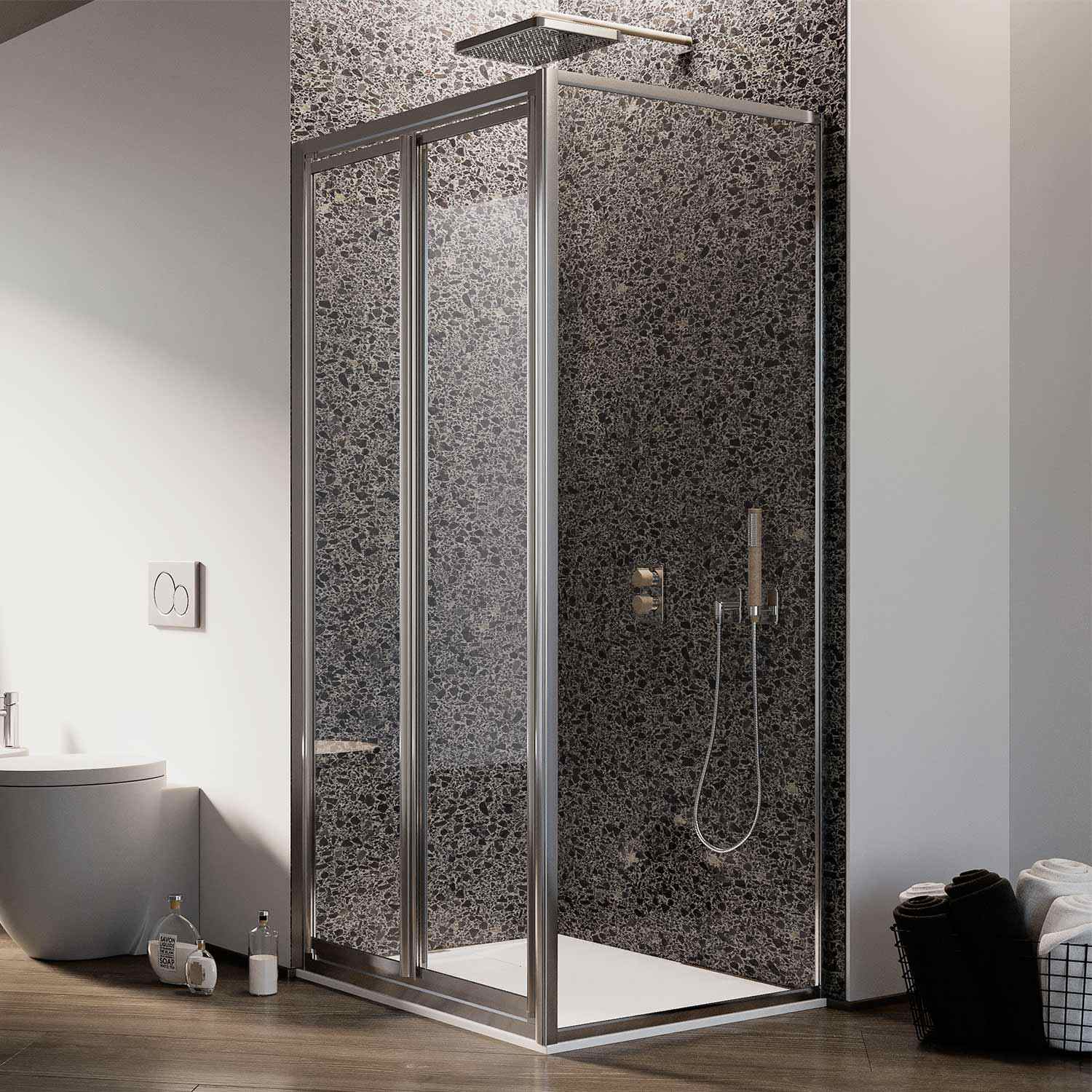 Box Doccia Angolare 70x100CM H185 Cristallo Trasparente Fisso+Saloon 2 Ante Battente 100 mod. Clint