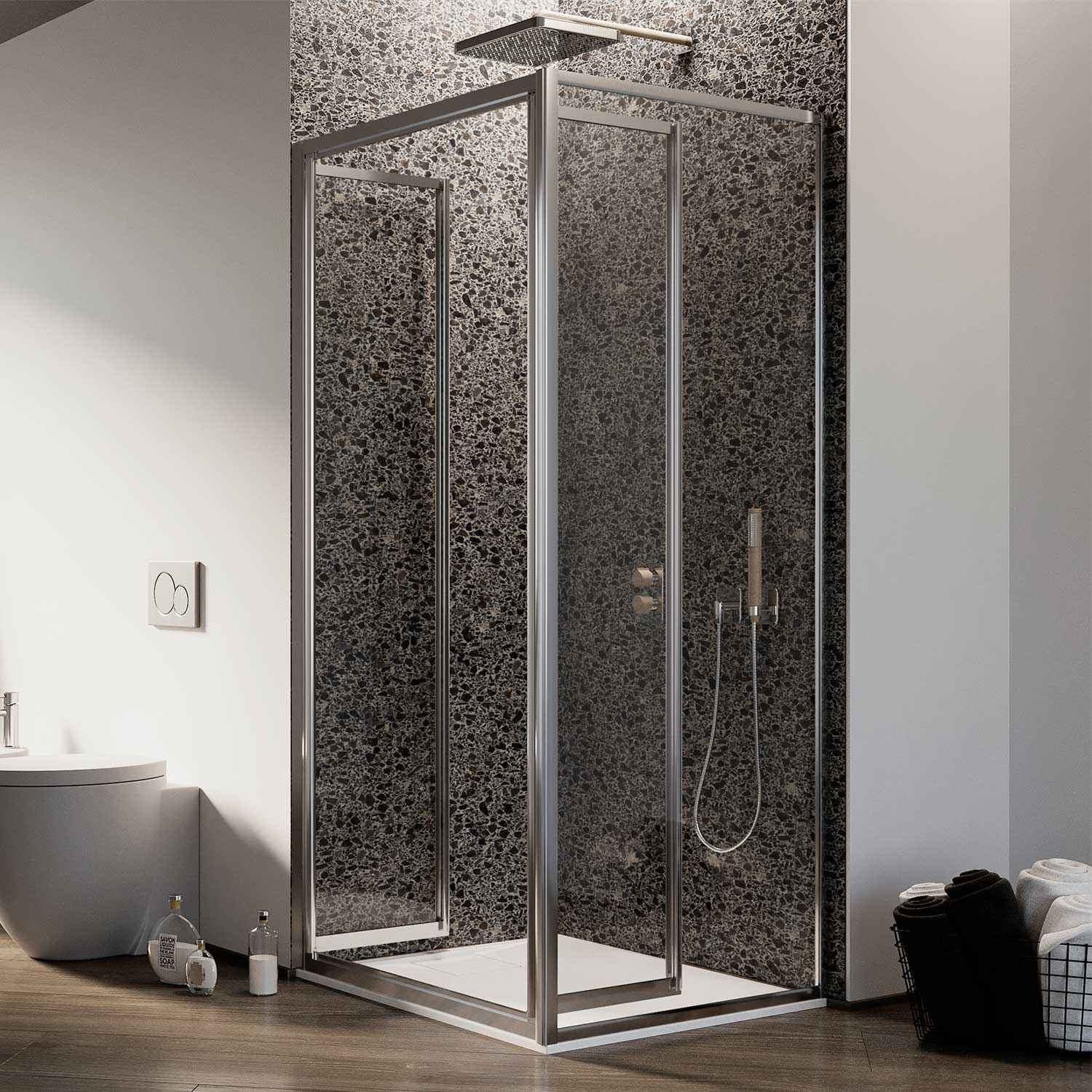 Box Doccia Angolare 70x100CM H185 Cristallo Trasparente Fisso+Saloon 2 Ante Battente 100 mod. Clint