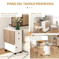 Tavolo Pieghevole con 2 Cassetti e Armadietto, 6 Rotelle e Freni, 120x60x76.5 cm, Bianco e Rovere