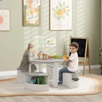 Set con Tavolo per Bambini e 4 Sgabelli Salvaspazio con Vano Contenitore in Legno, Grigio