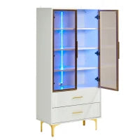 Set di Vetrine Moderne con Illuminazione LED e Ripiani Regolabili, adatte per soggiorno, ufficio, in Vetro, 80x40x160 cm + 70x35x150 cm, Bianco