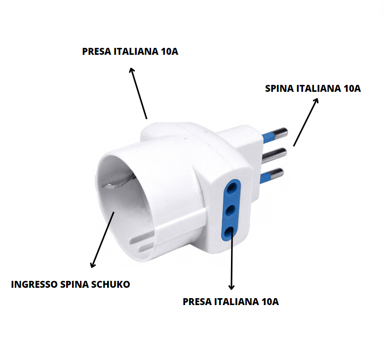Adattatore triplo attacco piccolo bianco schuko 10 ampere ecova