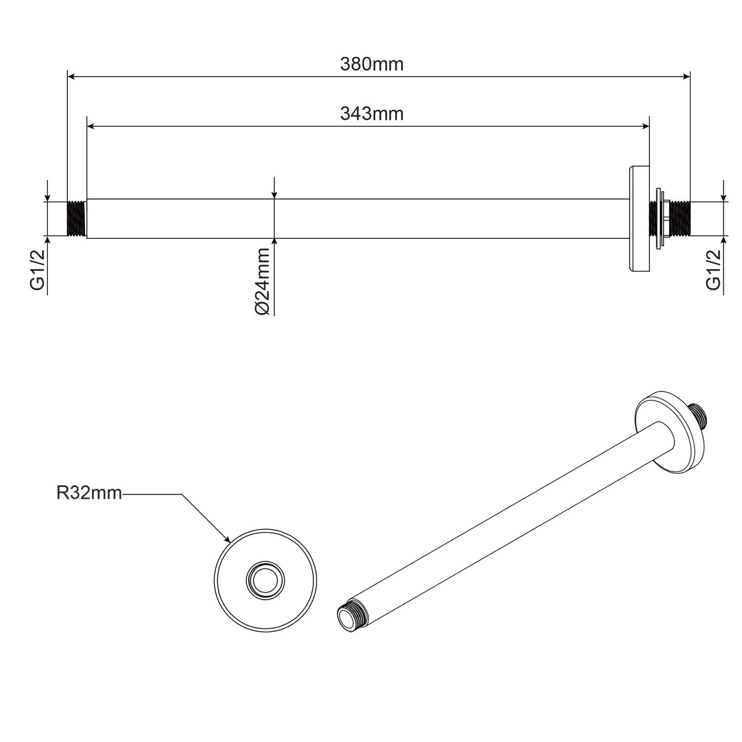 Braccio doccia in ottone a soffitto lungo 35 cm mod. Alfa