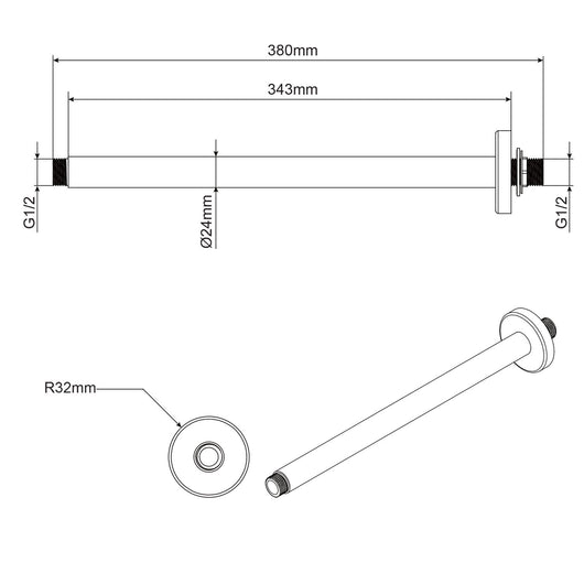 Braccio doccia in ottone a soffitto lungo 35 cm mod. Alfa