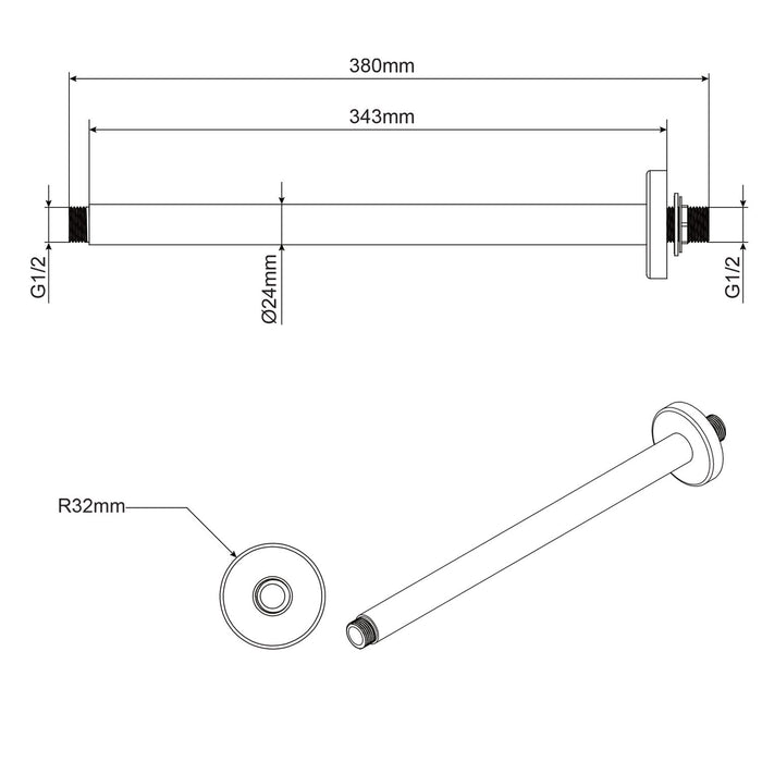 Braccio doccia in ottone a soffitto lungo 35 cm mod. Alfa