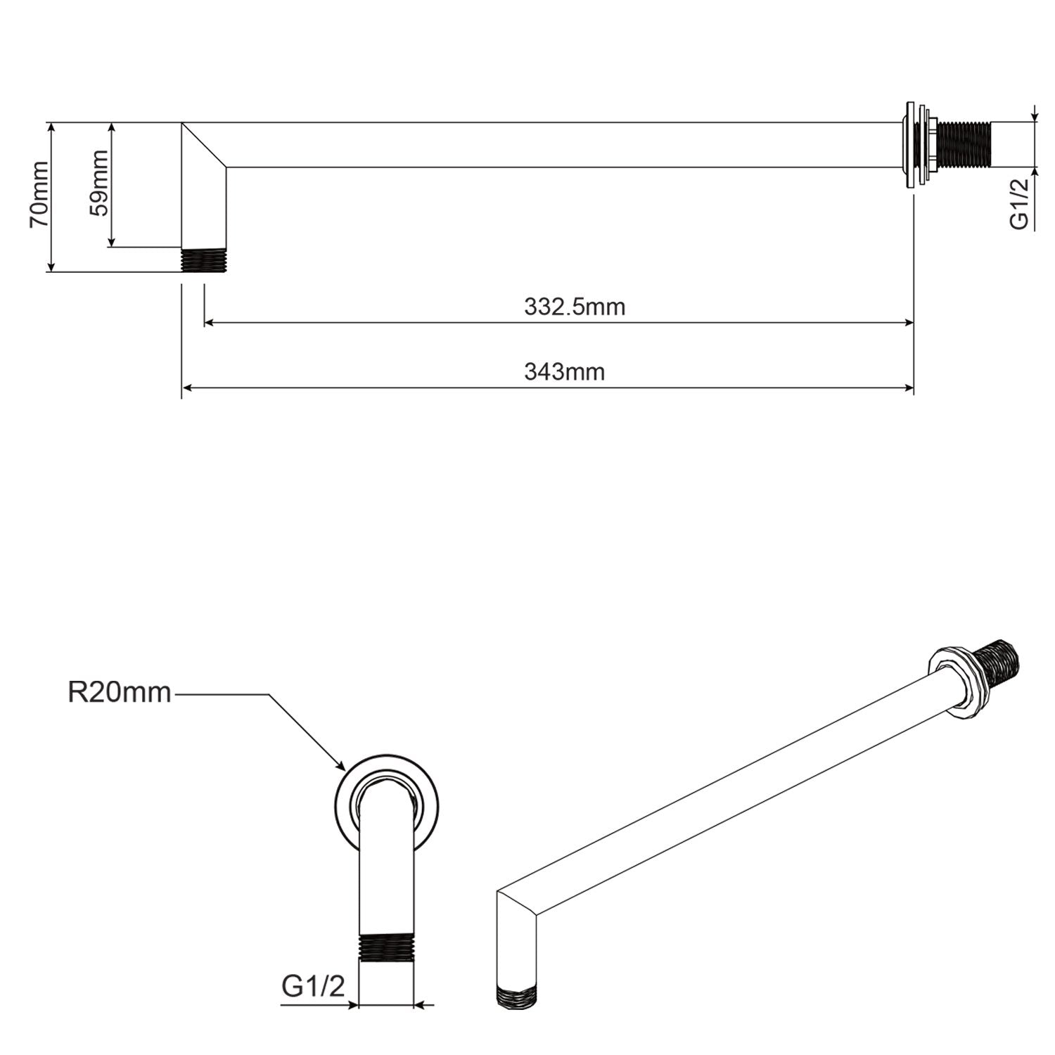 Braccio doccia in ottone a muro lungo 33 cm mod. Delta