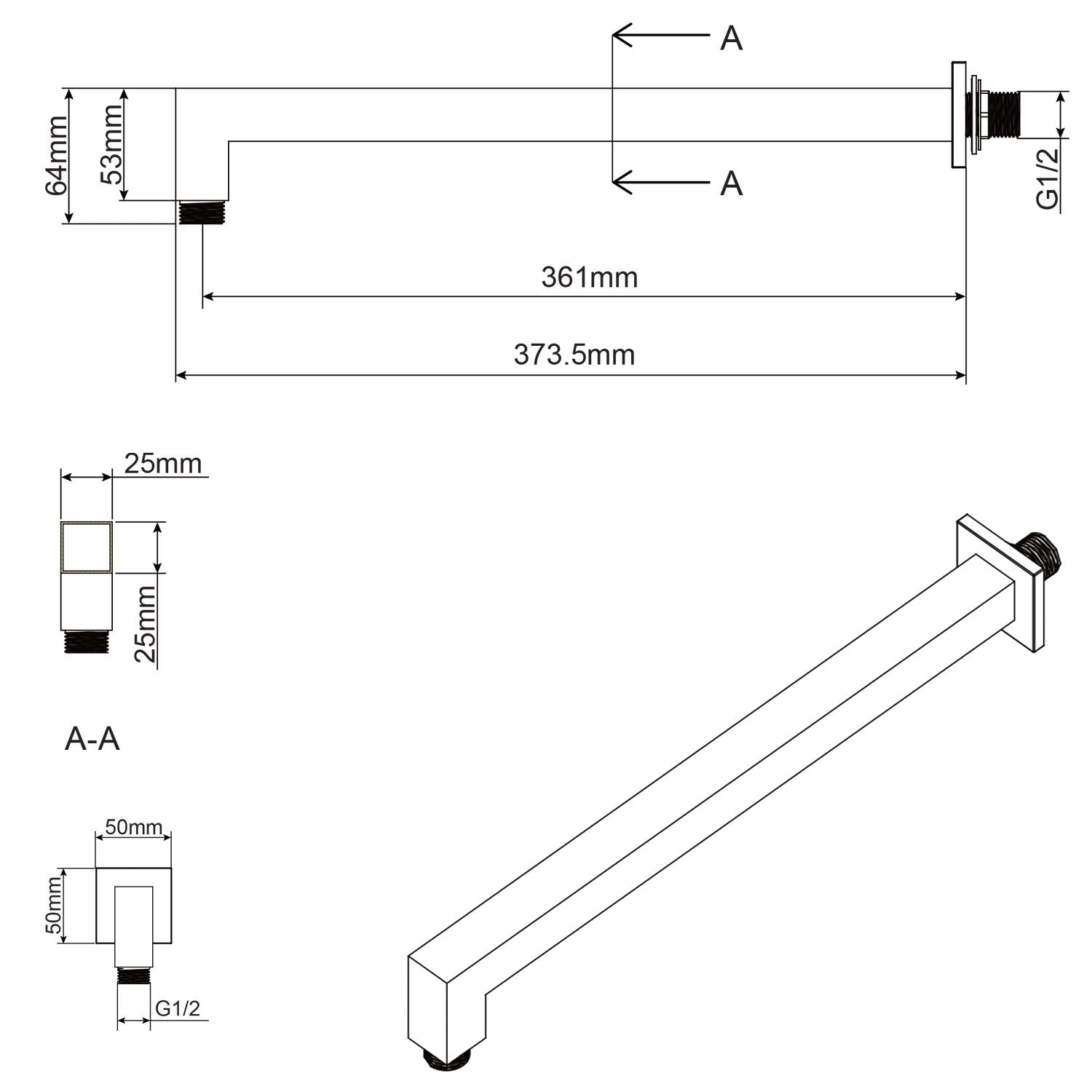 Braccio doccia in ottone a muro lungo 35 cm mod. Theta