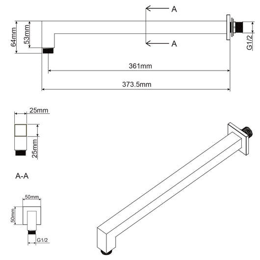 Braccio doccia in ottone a muro lungo 35 cm mod. Theta