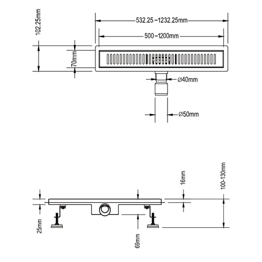 Canalina di scarico doccia in acciaio inox con griglia a righe 110 cm mod. Stripe