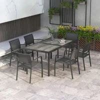 Set da Giardino con 6 Sedie Impilabili in Tessuto a Rete e Tavolo Effetto Legno, Grigio
