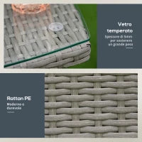 Set Giardino Esterno 3 Pezzi in Rattan PE e Acciaio, Set 2 Sedie con Cuscini Lavabili, Braccioli, Tavolino da Caffè con Piano in Vetro, Salotto da Giardino Balcone Patio Cortile, Grigio