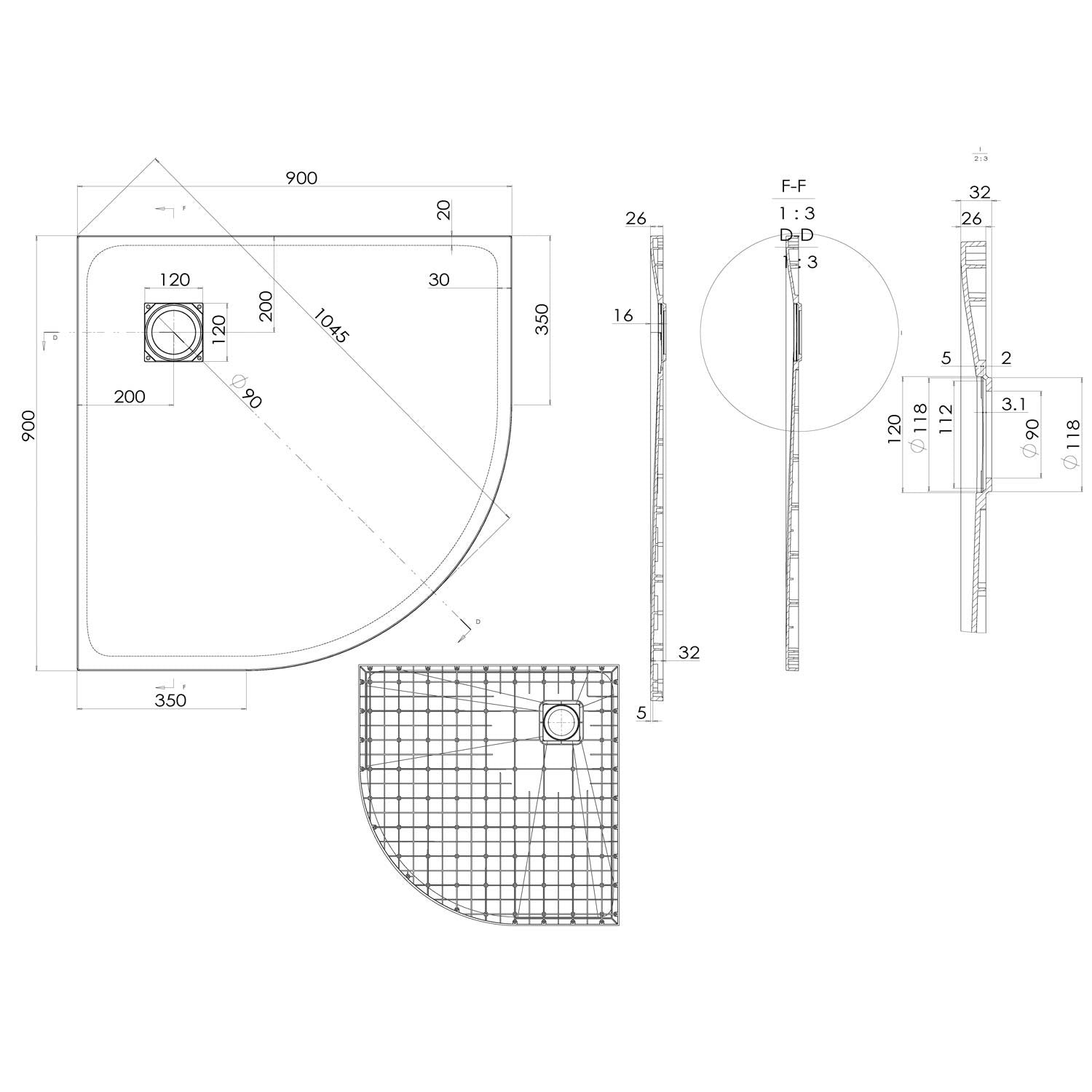 Piatto Doccia 90x90x2 6 CM Semicircolare Bianco Effetto Pietra mod. Blend