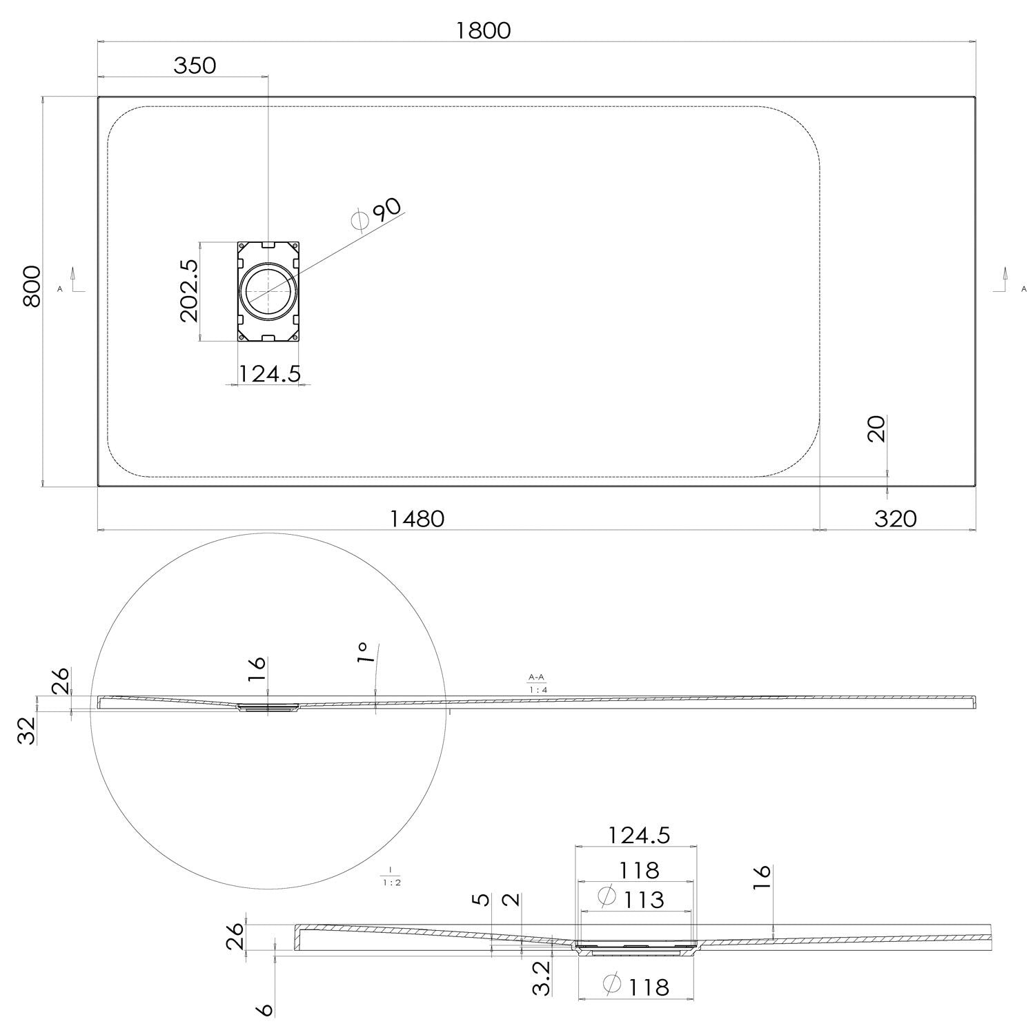 Piatto Doccia 80x180x2 6 CM Rettangolare Antracite Effetto Pietra mod. Blend